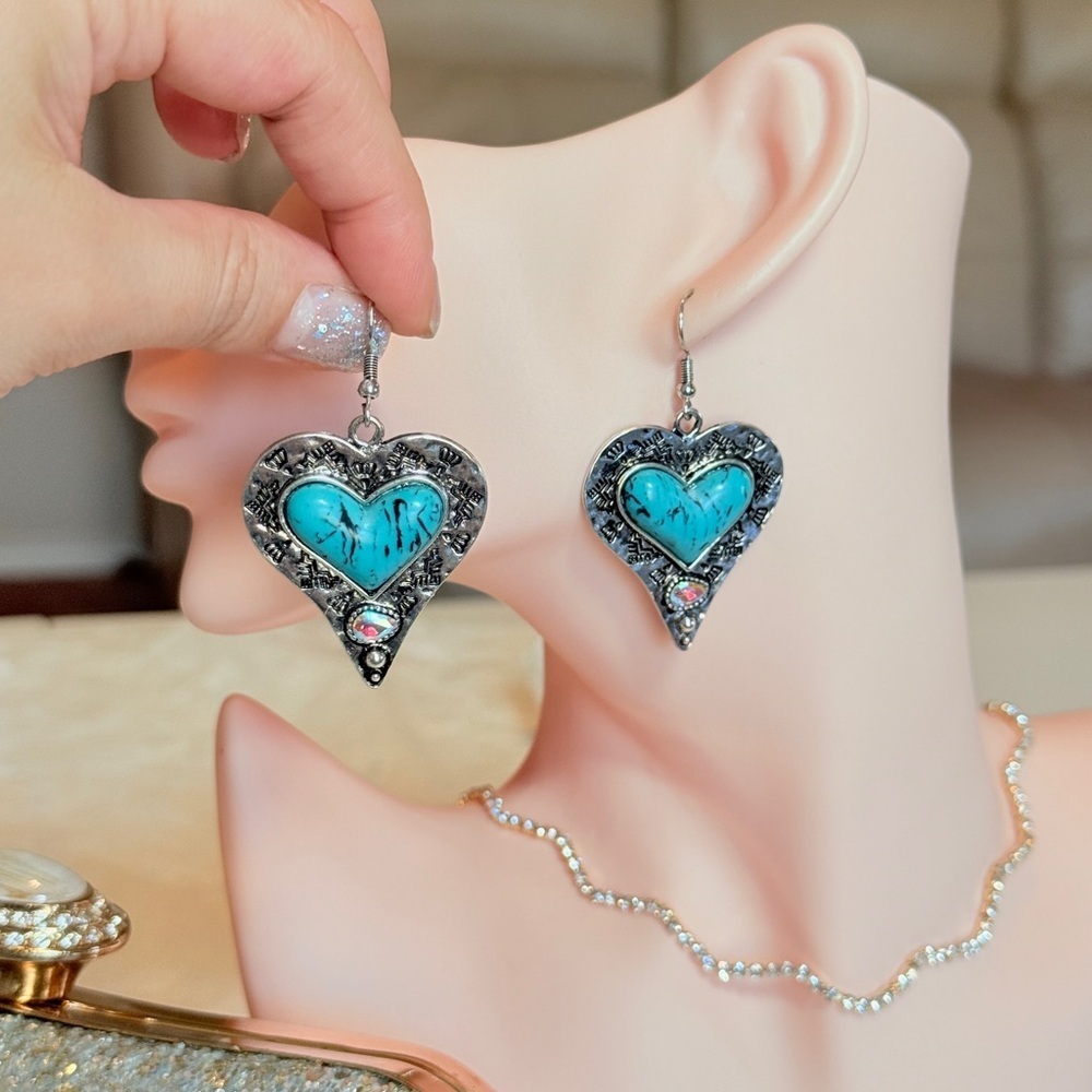 Western Silver Heart Earrings with Turquoise - Picture 9 of 11